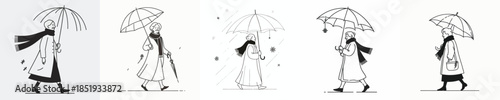 vector line art of a grandmother walking with a winter umbrella