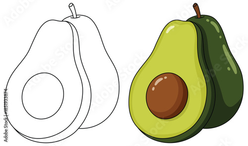 Avocado illustration featuring a sliced half with seed and a whole fruit shown in a clean vibrant vector style ideal for modern food related creative design projects