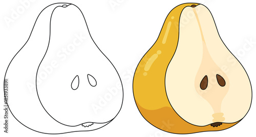Pear slice in a clean cartoon style showing a smooth yellow exterior and soft interior with two seeds presented as a simple fruit illustration ideal for food related designs