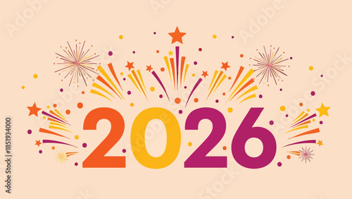 Vibrant New Year 2026 celebration banner with colorful fireworks bursting in the sky, confetti falling, and festive stars, symbolizing joy, new beginnings, and prosperity for the upcoming year