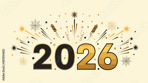 Festive New Year 2026 celebration banner with exploding fireworks and golden confetti on a light background, perfect for holiday greetings and seasonal event designs