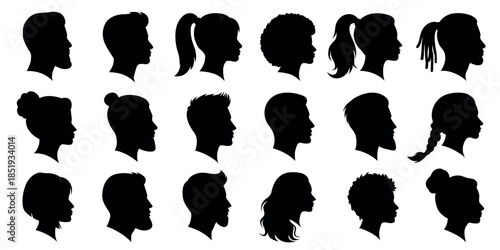Diverse human head profile silhouette set, male and female avatar collection
