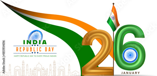India Republic Day 26 January Illustration with Tricolor Ribbon, Ashoka Chakra and Golden Number 26