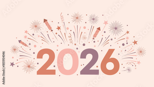 Vibrant 2026 New Year celebration background illustration with elegant pastel fireworks and sparkling confetti, perfect for seasonal greetings, festive banners, and welcoming a joyful future