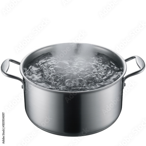 Boiling water in a stainless steel pot isolated on a transparent background