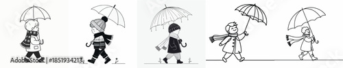 vector line art of a little boy walking with a winter umbrella
