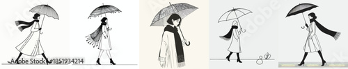 vector line art of a woman walking with a winter umbrella