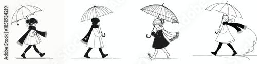 vector line art of a little girl walking with a winter umbrella