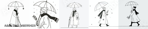 vector line art of a grandmother walking with a winter umbrella