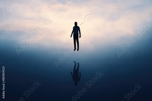 Wallpaper Mural Silhouette of a contemplative figure suspended above a tranquil reflective surface under a soft pastel sky evoking existential introspection and serene detachment Torontodigital.ca