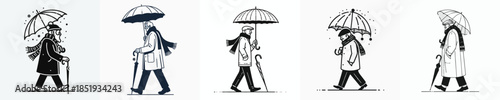 vector line art of a grandfather walking with a winter umbrella