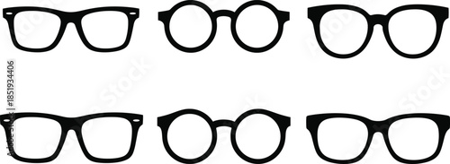 Stylish eyeglass frame collection in six modern shapes including round, rectangular, and cat-eye designs for fashion and optical themes