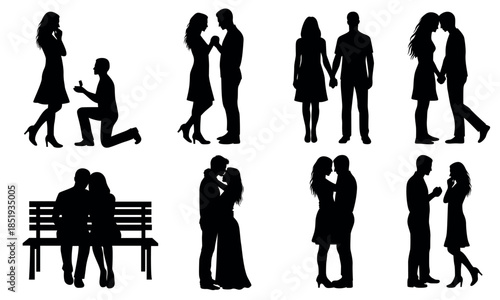 Valentines day couple silhouette set, romantic love relationship collection