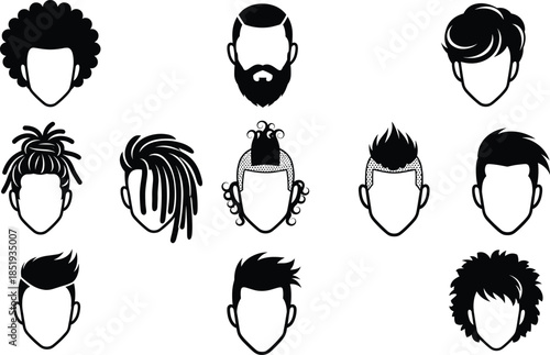 Stylized male hairstyle silhouette set featuring diverse haircuts, dreadlocks, afro, beard, spiky styles, and modern grooming variations