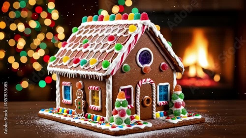 Happy festive gingerbread house, traditional baking delight. Warm candy decoration on table for cozy Christmas