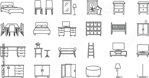 Set of thin line furniture icons featuring home interior elements like double beds dining tables office desks chairs cabinets lamps and wardrobes isolated on white background flat vector illustration