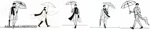 vector line art of a man walking with a winter umbrella
