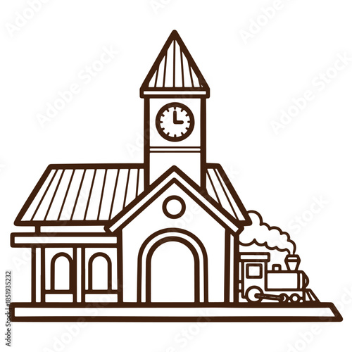 Vintage train station with clock tower illustration steam locomotive isolated on transparent background