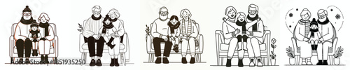 vector line art of a old couple sitting holding their grandchild in winter