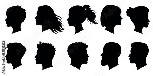 Diverse human head profile silhouette set, male and female avatars