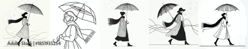 vector line art of a woman walking with a winter umbrella
