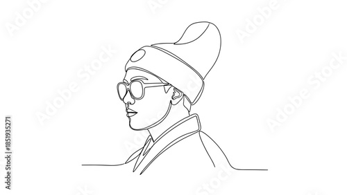 Line drawing of a fashionable person wearing a hat and glasses  