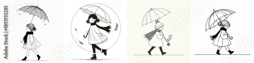 vector line art of a little girl walking with a winter umbrella