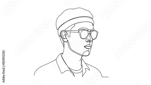 Minimalist line drawing of a man wearing sunglasses and a beret  