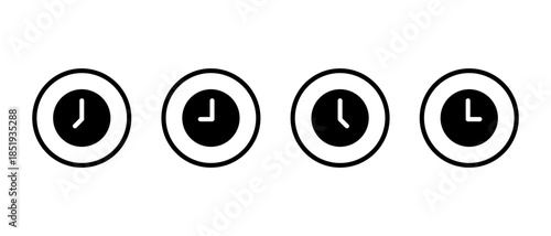 Clock and time icon set in circular outline. Alarm, hour, and timer symbol