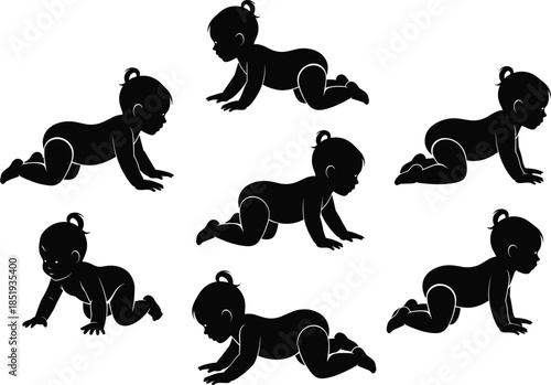 Baby Silhouette Vector Set Featuring Infant Crawling Poses Early Childhood Development Milestones and Toddler Movement Graphics for Parenting and Nursery Design