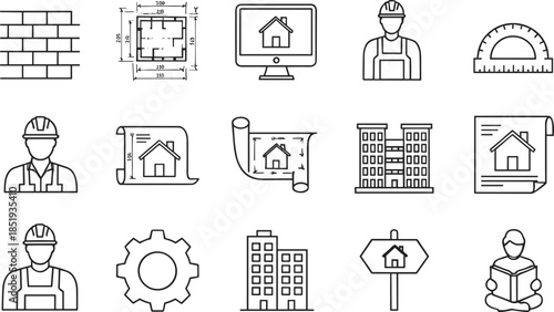 Set of thin line architecture and construction icons featuring building blueprints floor plans brick walls industrial gears 