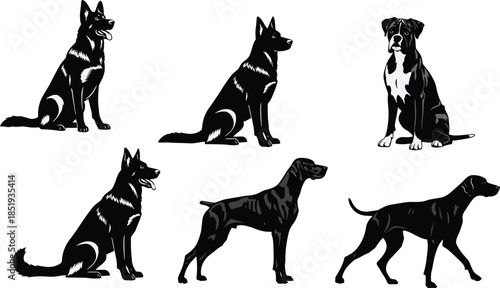 Black and White Dog Breed Vector Set Featuring German Shepherd Boxer Great Dane and Pointer Silhouettes for Pet Industry Design