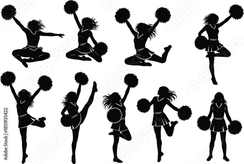Cheerleader Silhouette Vector Set Featuring Energetic High School Sports Team Spirit Jumping Poses Pom Poms and Dance Movements for Graphic Design