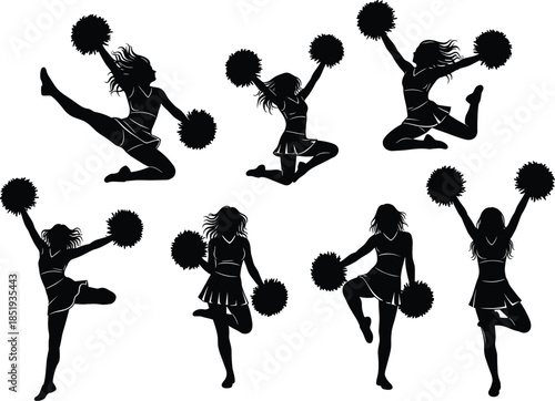 Cheerleader Silhouette Vector Set Featuring Energetic Jump Poses Pom Poms Dance Movements and High School Sports Team Spirit Graphic Illustrations