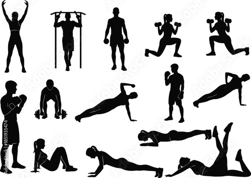Fitness Workout Silhouette Set Featuring Gym Exercise Poses Weightlifting Boxing Bodyweight Training and Health Club Athletics for Professional Vector Graphic Design