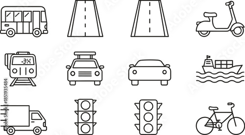 Set of thin line transportation and logistics icons featuring bus car train delivery truck scooter bicycle cargo ship traffic light and road symbols isolated on white background vector illustration