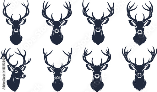 Stylized vector illustration of deer heads with antlers in various poses, wildlife, nature, stag design for logo, emblem use.