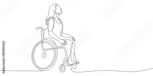 Disabled woman on wheelchair continuous line drawing, single line art illustration of a woman sitting on a wheelchair for disability awareness and inclusion vector.