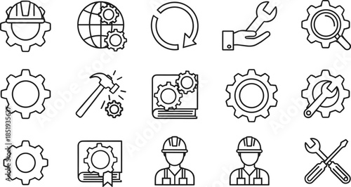 Set of thin line industrial and engineering icons featuring various gears and cogs construction workers with hard hats wrenches hammers and technical manuals isolated on white background 