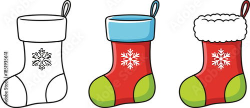 Set of Christmas stocking illustrations featuring a blank outline version and colored holiday socks with snowflakes and fur trim isolated on white background flat vector design for winter celebrations