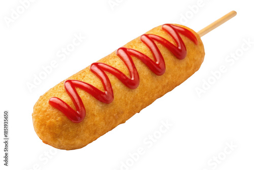 Golden corn dog with ketchup drizzle isolated on transparent background