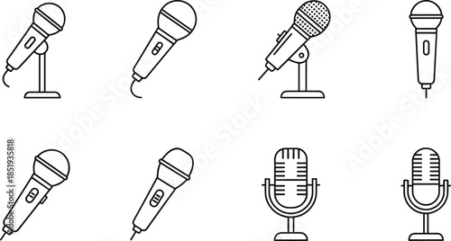 Set of thin line microphone icons featuring various dynamic and vintage studio mics on stands isolated on white background flat vector illustration for podcasting and audio recording