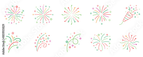 Colorful fireworks and confetti line icon set, party celebration collection