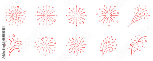 Red outline fireworks and party popper icon set, celebration collection