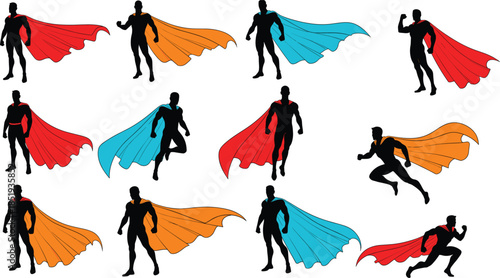 Superhero Silhouette Vector Set Featuring Dynamic Poses, Flying Capes, Action Stances, Heroic Figures in Red, Orange, and Blue