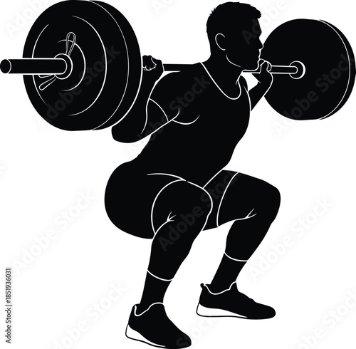 Large black silhouette of a muscular man performing a heavy barbell back squat exercise isolated on white background flat vector illustration for fitness and bodybuilding concepts