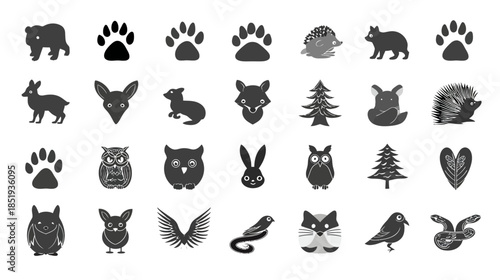 Set of wild animal and nature silhouettes: bear, fox, deer, owl, rabbit, bird, hedgehog icons, paw prints, and pine trees.