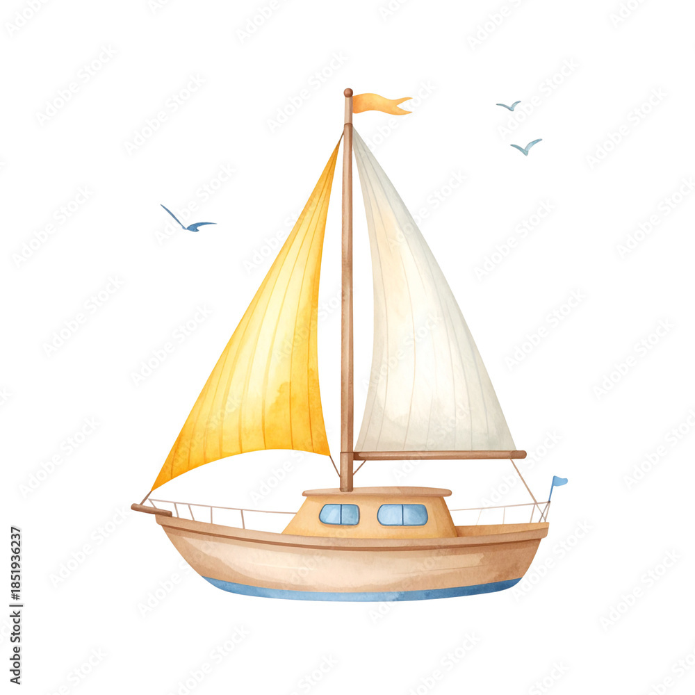 Obraz premium 黄色い帆のヨット かわいい水彩イラスト