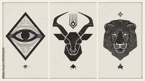 Mystical Geometric Illustrations: All-Seeing Eye, Stylized Antelope, and Lion Head Symbols in Vintage Style