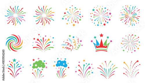 Vibrant collection of colorful fireworks, party celebration elements set